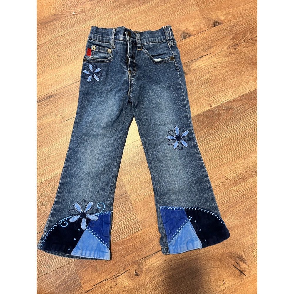 Just Me Girl Toddler Flare Jeans Blue Floral Patchwork Boho Denim Pants 3T‎